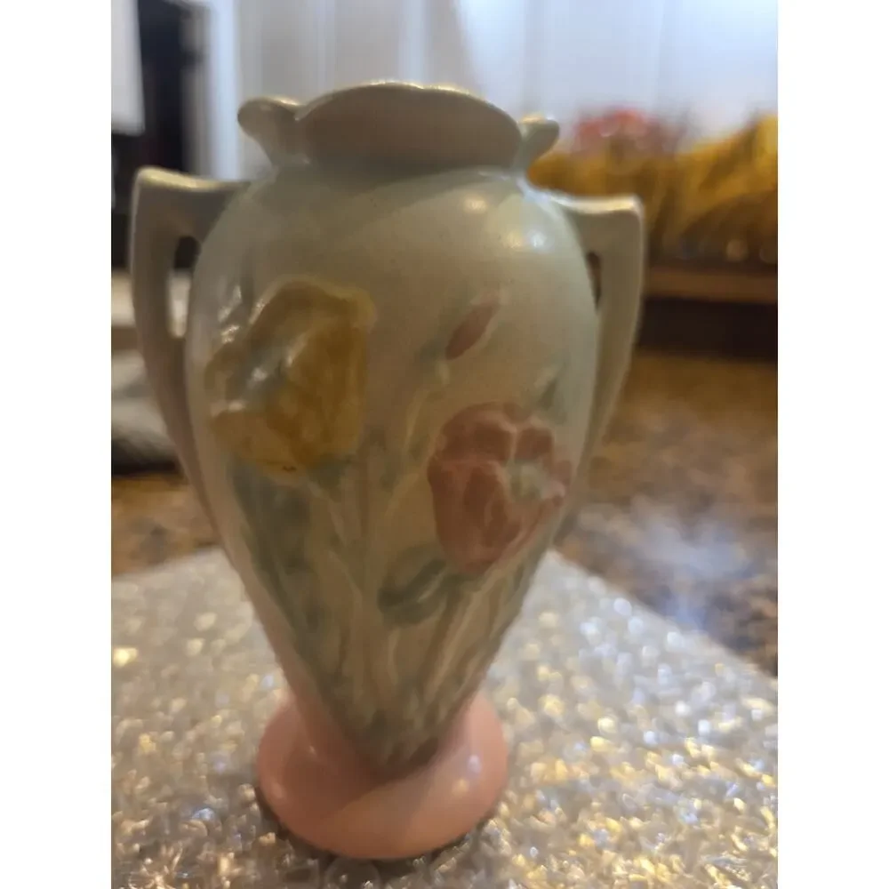 Hull 607-5 1/2 Art Pottery Floral Vase Blue Pink Yellow 1940s Impressed Vintage